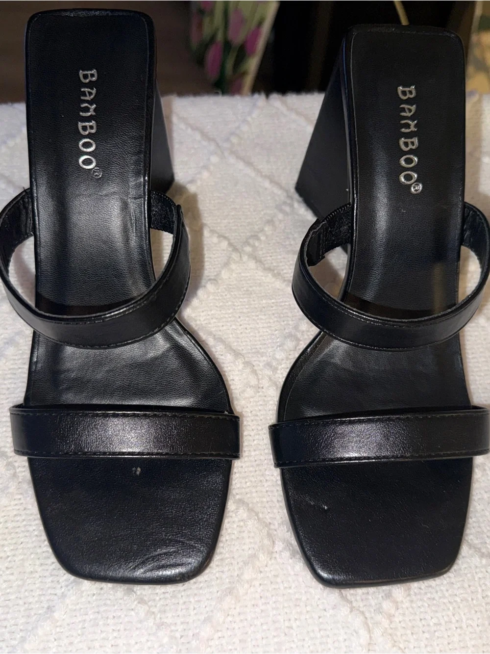BAMBOO Black Double-Strap Square Toe Block Heels